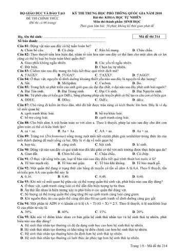 Kỳ thi THPT Quốc gia năm 2018 môn Khoa học tự nhiên - Phần: Sinh học - Mã đề: 214 (Có đáp án)