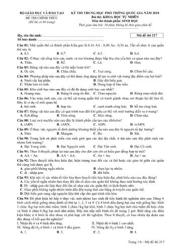 Kỳ thi THPT Quốc gia năm 2018 môn Khoa học tự nhiên - Phần: Sinh học - Mã đề: 217 (Có đáp án)