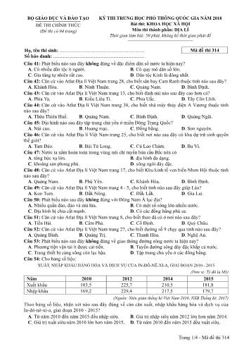 Kỳ thi THPT Quốc gia năm 2018 môn Khoa học xã hội - Phần: Địa lí - Mã đề: 314 (Có đáp án)