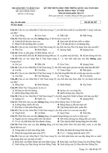 Kỳ thi THPT Quốc gia năm 2018 môn Khoa học xã hội - Phần: Địa lí - Mã đề: 307 (Có đáp án)