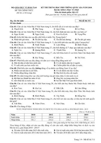 Kỳ thi THPT Quốc gia năm 2018 môn Khoa học xã hội - Phần: Địa lí - Mã đề: 311 (Có đáp án)