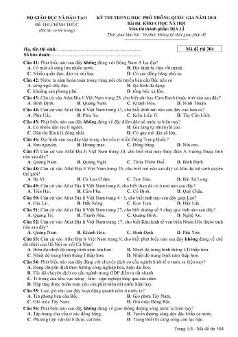 Kỳ thi THPT Quốc gia năm 2018 môn Khoa học xã hội - Phần: Địa lí - Mã đề: 304 (Có đáp án)