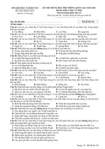 Kỳ thi THPT Quốc gia năm 2018 môn Khoa học xã hội - Phần: Địa lí - Mã đề: 316 (Có đáp án)