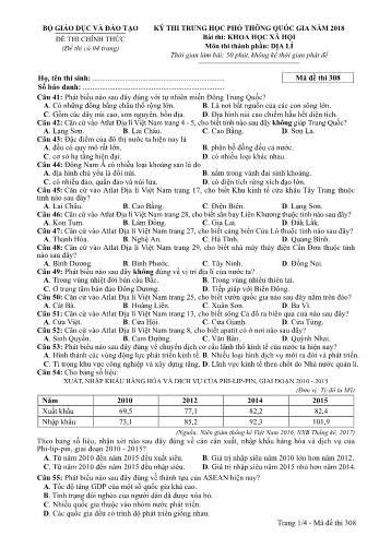 Kỳ thi THPT Quốc gia năm 2018 môn Khoa học xã hội - Phần: Địa lí - Mã đề: 308 (Có đáp án)