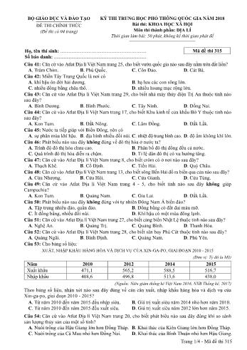 Kỳ thi THPT Quốc gia năm 2018 môn Khoa học xã hội - Phần: Địa lí - Mã đề: 315 (Có đáp án)