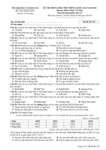 Kỳ thi THPT Quốc gia năm 2018 môn Khoa học xã hội - Phần: Địa lí - Mã đề: 322 (Có đáp án)