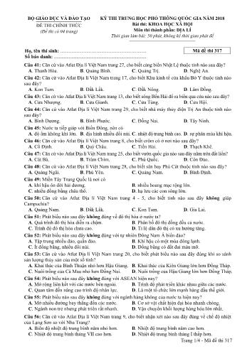 Kỳ thi THPT Quốc gia năm 2018 môn Khoa học xã hội - Phần: Địa lí - Mã đề: 317 (Có đáp án)