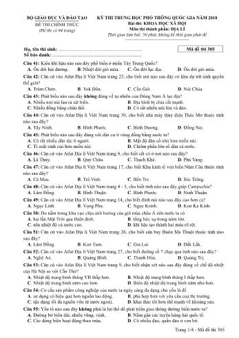 Kỳ thi THPT Quốc gia năm 2018 môn Khoa học xã hội - Phần: Địa lí - Mã đề: 305 (Có đáp án)