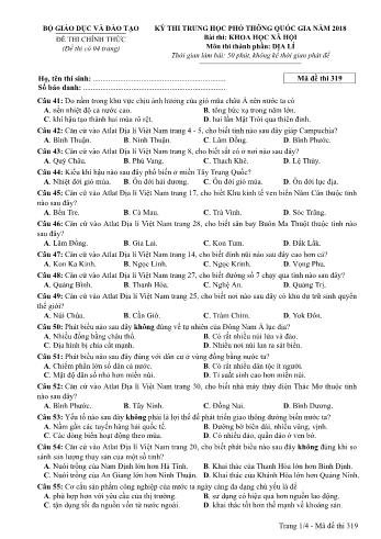 Kỳ thi THPT Quốc gia năm 2018 môn Khoa học xã hội - Phần: Địa lí - Mã đề: 319 (Có đáp án)