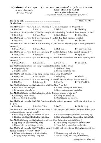 Kỳ thi THPT Quốc gia năm 2018 môn Khoa học xã hội - Phần: Địa lí - Mã đề: 306 (Có đáp án)