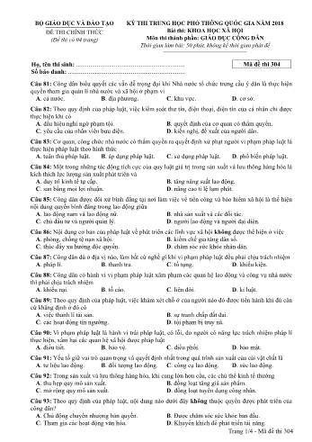 Kỳ thi THPT Quốc gia năm 2018 môn Khoa học xã hội - Phần: Giáo dục công dân - Mã đề: 304 (Có đáp án)