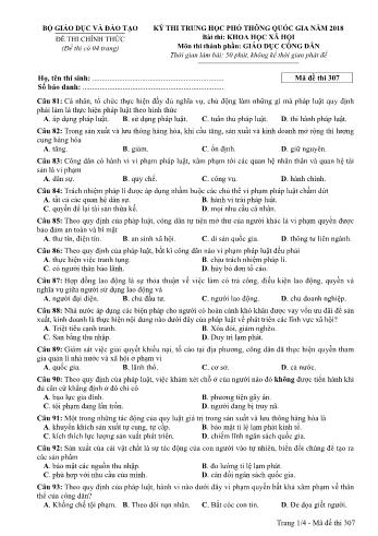 Kỳ thi THPT Quốc gia năm 2018 môn Khoa học xã hội - Phần: Giáo dục công dân - Mã đề: 307 (Có đáp án)