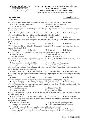 Kỳ thi THPT Quốc gia năm 2018 môn Khoa học xã hội - Phần: Giáo dục công dân - Mã đề: 324 (Có đáp án)