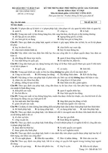 Kỳ thi THPT Quốc gia năm 2018 môn Khoa học xã hội - Phần: Giáo dục công dân - Mã đề: 319 (Có đáp án)