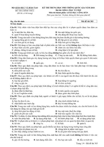 Kỳ thi THPT Quốc gia năm 2018 môn Khoa học xã hội - Phần: Giáo dục công dân - Mã đề: 303 (Có đáp án)