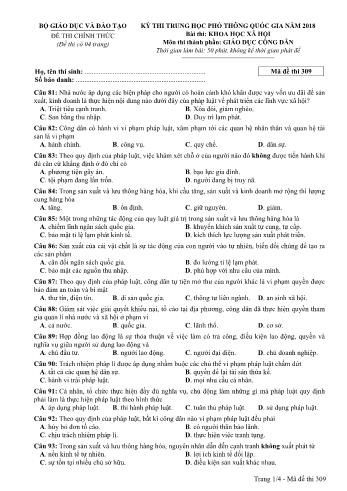 Kỳ thi THPT Quốc gia năm 2018 môn Khoa học xã hội - Phần: Giáo dục công dân - Mã đề: 309 (Có đáp án)