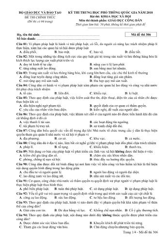 Kỳ thi THPT Quốc gia năm 2018 môn Khoa học xã hội - Phần: Giáo dục công dân - Mã đề: 306 (Có đáp án)