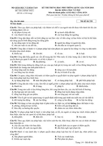 Kỳ thi THPT Quốc gia năm 2018 môn Khoa học xã hội - Phần: Giáo dục công dân - Mã đề: 320 (Có đáp án)