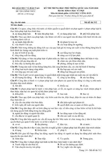 Kỳ thi THPT Quốc gia năm 2018 môn Khoa học xã hội - Phần: Giáo dục công dân - Mã đề: 312 (Có đáp án)