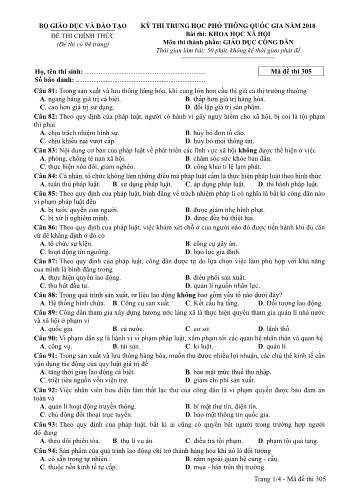 Kỳ thi THPT Quốc gia năm 2018 môn Khoa học xã hội - Phần: Giáo dục công dân - Mã đề: 305 (Có đáp án)