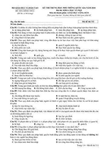 Kỳ thi THPT Quốc gia năm 2018 môn Khoa học xã hội - Phần: Giáo dục công dân - Mã đề: 311 (Có đáp án)
