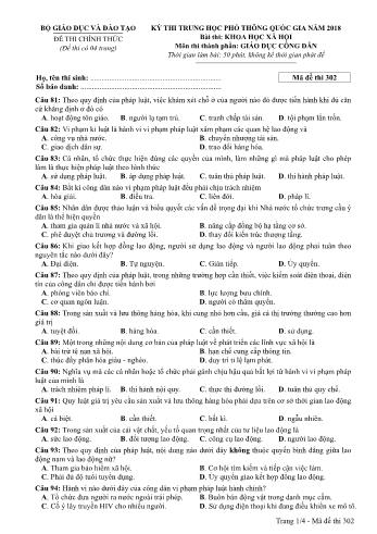 Kỳ thi THPT Quốc gia năm 2018 môn Khoa học xã hội - Phần: Giáo dục công dân - Mã đề: 302 (Có đáp án)