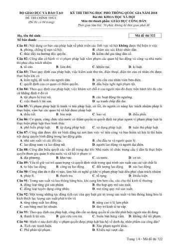 Kỳ thi THPT Quốc gia năm 2018 môn Khoa học xã hội - Phần: Giáo dục công dân - Mã đề: 322 (Có đáp án)