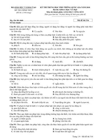 Kỳ thi THPT Quốc gia năm 2018 môn Khoa học xã hội - Phần: Giáo dục công dân - Mã đề: 316 (Có đáp án)
