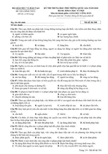 Kỳ thi THPT Quốc gia năm 2018 môn Khoa học xã hội - Phần: Giáo dục công dân - Mã đề: 308 (Có đáp án)