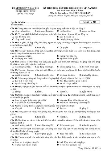 Kỳ thi THPT Quốc gia năm 2018 môn Khoa học xã hội - Phần: Giáo dục công dân - Mã đề: 318 (Có đáp án)