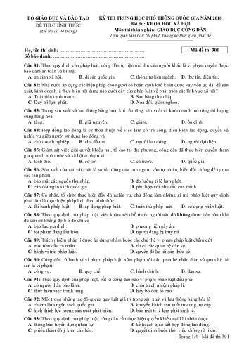 Kỳ thi THPT Quốc gia năm 2018 môn Khoa học xã hội - Phần: Giáo dục công dân - Mã đề: 301 (Có đáp án)