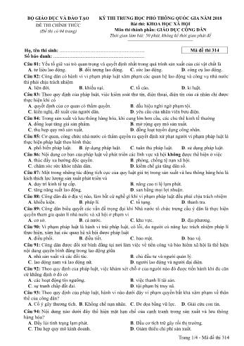 Kỳ thi THPT Quốc gia năm 2018 môn Khoa học xã hội - Phần: Giáo dục công dân - Mã đề: 314 (Có đáp án)