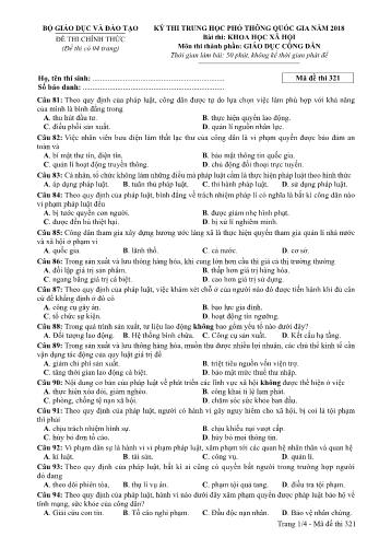 Kỳ thi THPT Quốc gia năm 2018 môn Khoa học xã hội - Phần: Giáo dục công dân - Mã đề: 321 (Có đáp án)