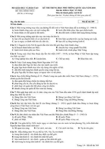 Kỳ thi THPT Quốc gia năm 2018 môn Khoa học xã hội - Phần: Lịch sử - Mã đề: 309 (Có đáp án)