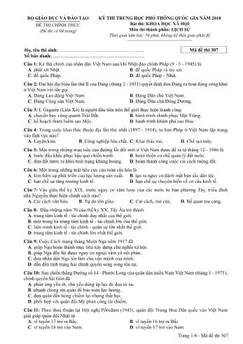 Kỳ thi THPT Quốc gia năm 2018 môn Khoa học xã hội - Phần: Lịch sử - Mã đề: 307 (Có đáp án)