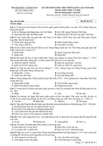 Kỳ thi THPT Quốc gia năm 2018 môn Khoa học xã hội - Phần: Lịch sử - Mã đề: 313 (Có đáp án)