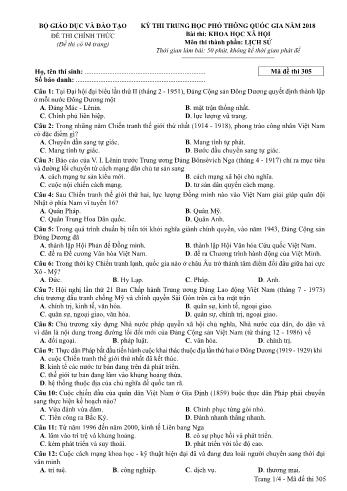 Kỳ thi THPT Quốc gia năm 2018 môn Khoa học xã hội - Phần: Lịch sử - Mã đề: 305 (Có đáp án)