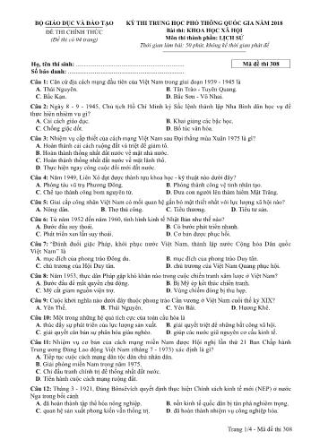 Kỳ thi THPT Quốc gia năm 2018 môn Khoa học xã hội - Phần: Lịch sử - Mã đề: 308 (Có đáp án)