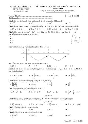 Kỳ thi THPT Quốc gia năm 2018 môn Toán - Mã đề: 101 (Có đáp án)
