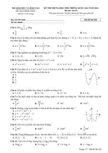 Kỳ thi THPT Quốc gia năm 2018 môn Toán - Mã đề: 102 (Có đáp án)