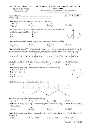 Kỳ thi THPT Quốc gia năm 2018 môn Toán - Mã đề: 103 (Có đáp án)