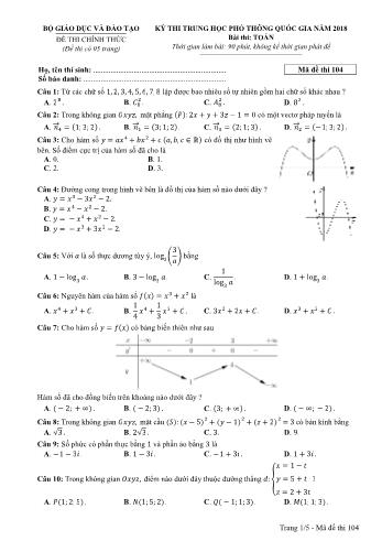 Kỳ thi THPT Quốc gia năm 2018 môn Toán - Mã đề: 104 (Có đáp án)