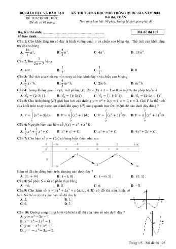 Kỳ thi THPT Quốc gia năm 2018 môn Toán - Mã đề: 105 (Có đáp án)