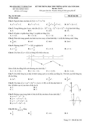 Kỳ thi THPT Quốc gia năm 2018 môn Toán - Mã đề: 106 (Có đáp án)