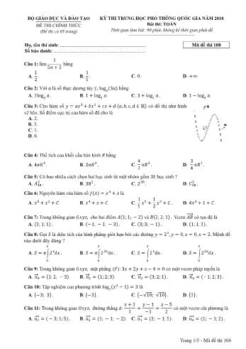 Kỳ thi THPT Quốc gia năm 2018 môn Toán - Mã đề: 108 (Có đáp án)