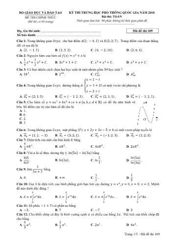 Kỳ thi THPT Quốc gia năm 2018 môn Toán - Mã đề: 109 (Có đáp án)