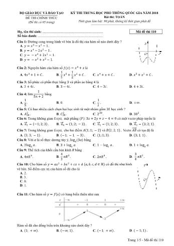 Kỳ thi THPT Quốc gia năm 2018 môn Toán - Mã đề: 110 (Có đáp án)