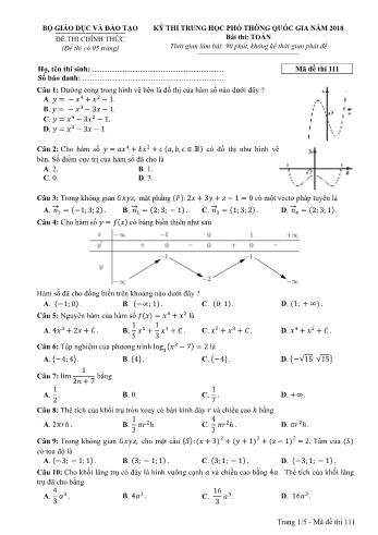 Kỳ thi THPT Quốc gia năm 2018 môn Toán - Mã đề: 111 (Có đáp án)