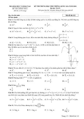 Kỳ thi THPT Quốc gia năm 2018 môn Toán - Mã đề: 112 (Có đáp án)