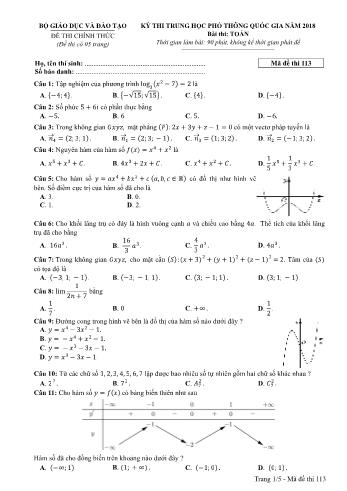 Kỳ thi THPT Quốc gia năm 2018 môn Toán - Mã đề: 113 (Có đáp án)